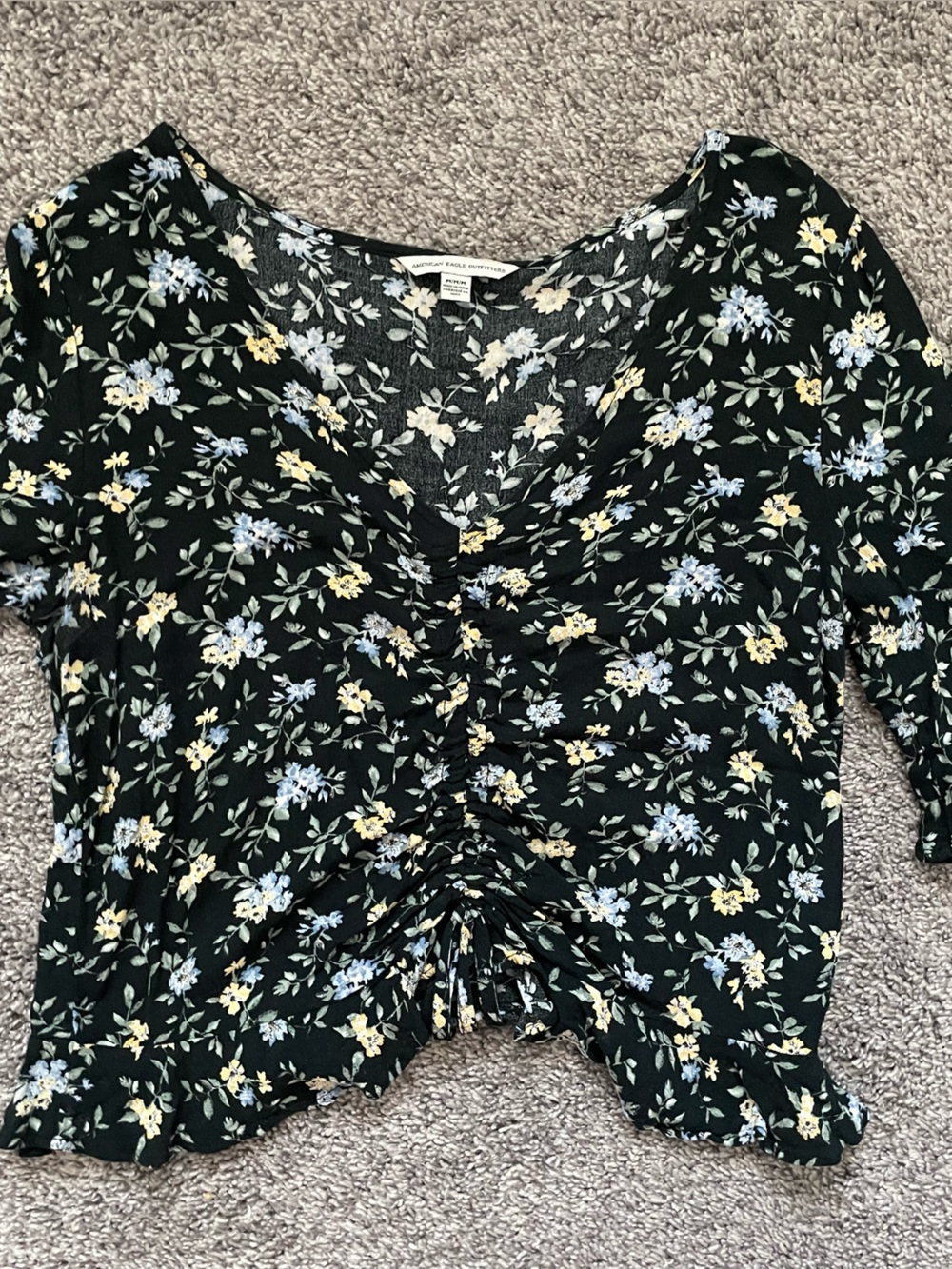 Black Floral Twist-Front Blouse with Yellow and Light Blue Flowers